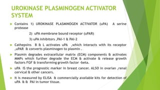 UROKINASE PLASMINOGEN ACTIVATOR
SYSTEM
 Contains 1) UROKINASE PLASMINOGEN ACTIVATOR (uPA) A serine
protease
2) uPA membrane bound receptor (uPAR)
3) uPA inhibitors ,PAI-1 & PAI-2
 Cathepsins B & L activates uPA ,which interacts with its receptor
,uPAR & converts plasminogen to plasmin .
 Plasmin degrades extracellular matrix (ECM) components & activates
MMPs which further degrade the ECM & activate & release growth
factors FGF & transforming growth factor –beta.
 uPA IS the prognostic marker in breast cancer. ALSO in ovarian ,renal
cervical & other cancers.
 It is measured by ELISA & commercially available kits for detection of
uPA & & PAI in tumor tissue.
 