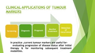 Diagnosis Prognosis
Monitor
treatment
Detection
of
recurrence
Screening
In practice ,current tumour markers are useful for-
evaluating progression of disease status after initial
therapy & for monitoring subsequent treatment
modalities.
 