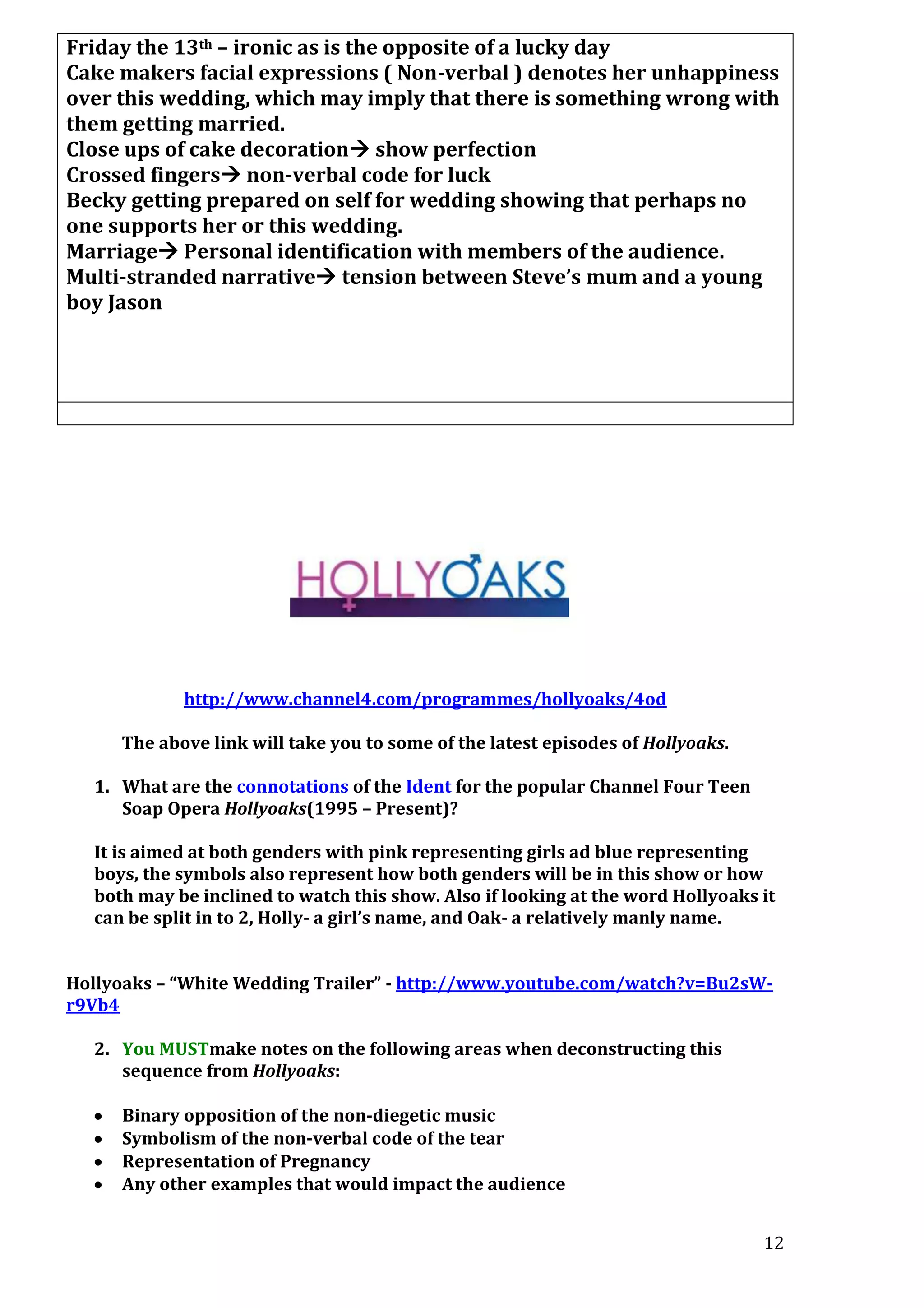 Friday the 13th – ironic as is the opposite of a lucky day
Cake makers facial expressions ( Non-verbal ) denotes her unhappiness
over this wedding, which may imply that there is something wrong with
them getting married.
Close ups of cake decoration show perfection
Crossed fingers non-verbal code for luck
Becky getting prepared on self for wedding showing that perhaps no
one supports her or this wedding.
Marriage Personal identification with members of the audience.
Multi-stranded narrative tension between Steve’s mum and a young
boy Jason

http://www.channel4.com/programmes/hollyoaks/4od
The above link will take you to some of the latest episodes of Hollyoaks.
1. What are the connotations of the Ident for the popular Channel Four Teen
Soap Opera Hollyoaks(1995 – Present)?
It is aimed at both genders with pink representing girls ad blue representing
boys, the symbols also represent how both genders will be in this show or how
both may be inclined to watch this show. Also if looking at the word Hollyoaks it
can be split in to 2, Holly- a girl’s name, and Oak- a relatively manly name.
Hollyoaks – “White Wedding Trailer” - http://www.youtube.com/watch?v=Bu2sWr9Vb4
2. You MUSTmake notes on the following areas when deconstructing this
sequence from Hollyoaks:
Binary opposition of the non-diegetic music
Symbolism of the non-verbal code of the tear
Representation of Pregnancy
Any other examples that would impact the audience
12

 