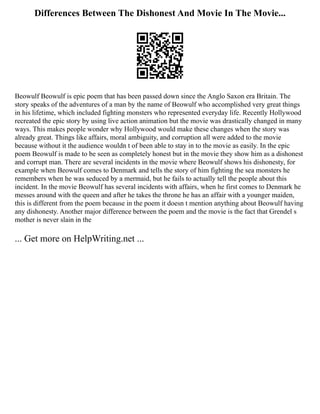 Differences Between The Dishonest And Movie In The Movie...
Beowulf Beowulf is epic poem that has been passed down since the Anglo Saxon era Britain. The
story speaks of the adventures of a man by the name of Beowulf who accomplished very great things
in his lifetime, which included fighting monsters who represented everyday life. Recently Hollywood
recreated the epic story by using live action animation but the movie was drastically changed in many
ways. This makes people wonder why Hollywood would make these changes when the story was
already great. Things like affairs, moral ambiguity, and corruption all were added to the movie
because without it the audience wouldn t of been able to stay in to the movie as easily. In the epic
poem Beowulf is made to be seen as completely honest but in the movie they show him as a dishonest
and corrupt man. There are several incidents in the movie where Beowulf shows his dishonesty, for
example when Beowulf comes to Denmark and tells the story of him fighting the sea monsters he
remembers when he was seduced by a mermaid, but he fails to actually tell the people about this
incident. In the movie Beowulf has several incidents with affairs, when he first comes to Denmark he
messes around with the queen and after he takes the throne he has an affair with a younger maiden,
this is different from the poem because in the poem it doesn t mention anything about Beowulf having
any dishonesty. Another major difference between the poem and the movie is the fact that Grendel s
mother is never slain in the
... Get more on HelpWriting.net ...
 