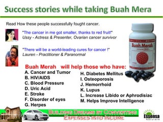 " The cancer in me got smaller, thanks to red fruit! " Ussy - Actress & Presenter, Ovarian cancer survivor " There will be a world-leading cures for cancer ! " Lauren - Practitioner & Paranormal Read How these people successfully fought cancer. A. Cancer and Tumor B. HIV/AIDS C. Blood Pressure D. Uric Acid E. Stroke F. Disorder of eyes G. Herpes H. Diabetes Mellitus I. Osteoporosis J. Hemorrhoid K. Lupus L. Increase Libido or Aphrodisiac M. Helps Improve Intelligence Buah Merah  will help those who have: 