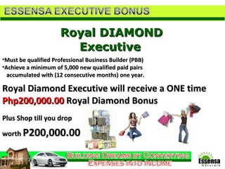 Royal DIAMOND Executive   Royal Diamond Executive will receive a ONE time  Php200,000.00  Royal Diamond Bonus Plus Shop till you drop  worth  P200,000.00 Must be qualified Professional Business Builder (PBB) Achieve a minimum of 5,000 new qualified paid pairs accumulated with (12 consecutive months) one year.  