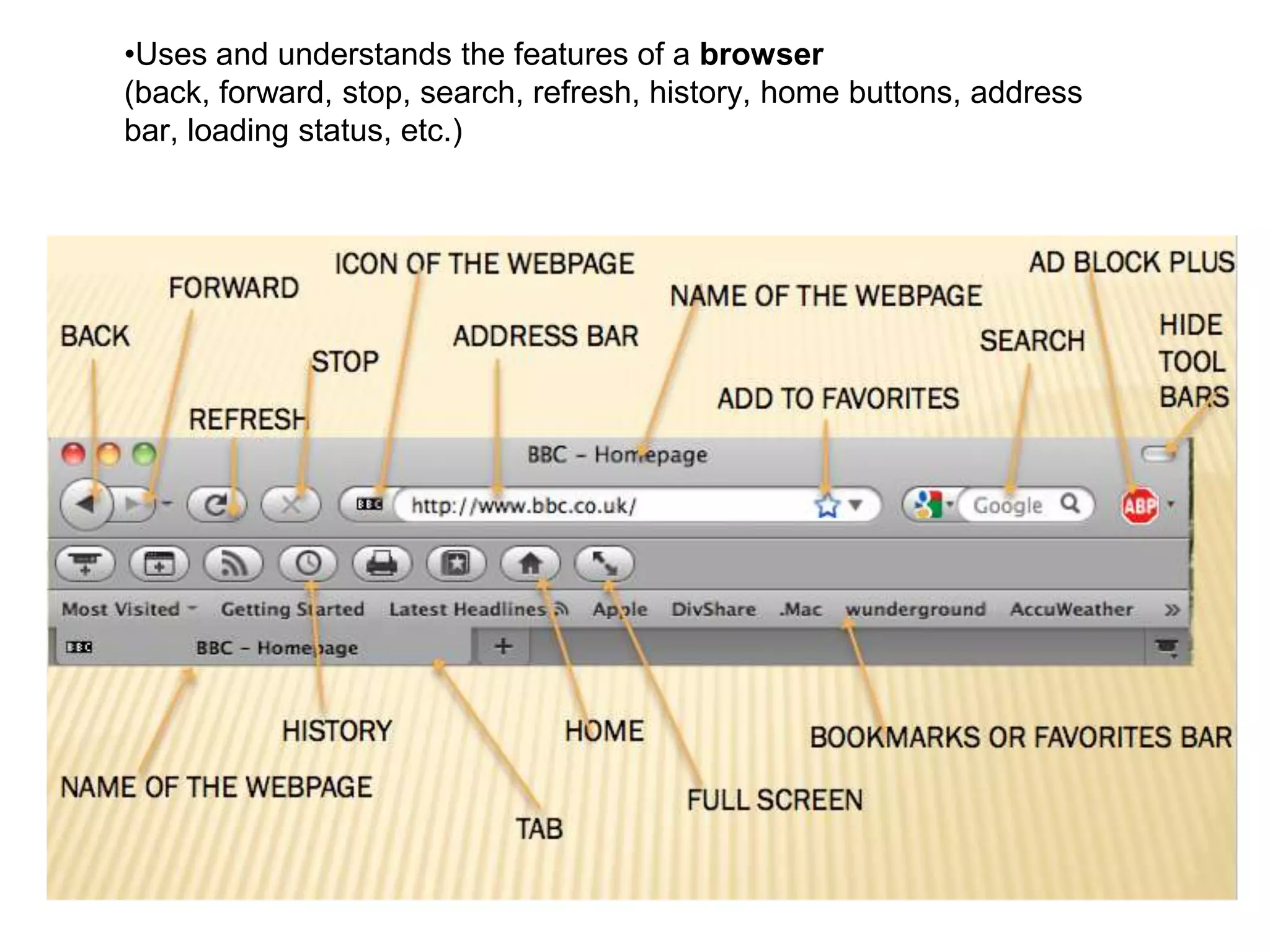 •Uses and understands the features of a browser
(back, forward, stop, search, refresh, history, home buttons, address
bar, loading status, etc.)
 
