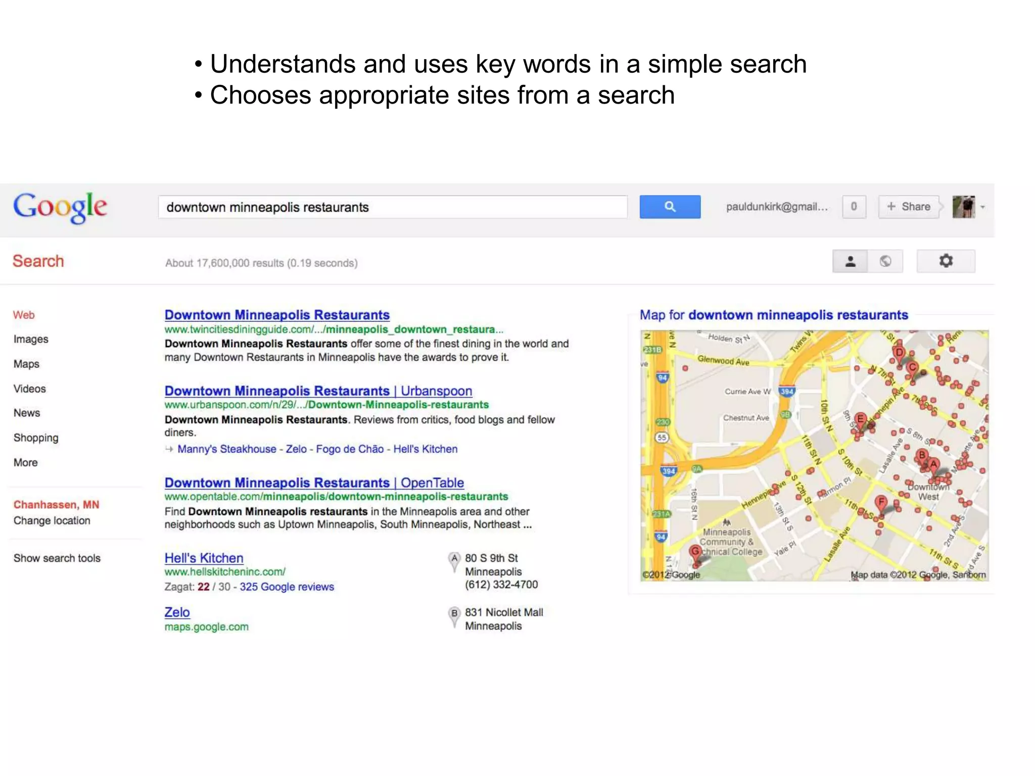 • Understands and uses key words in a simple search
• Chooses appropriate sites from a search
 