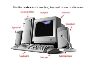 • Identifies hardware components eg. keyboard, mouse, monitor/screen
 