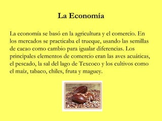 La Economía

La economía se basó en la agricultura y el comercio. En
los mercados se practicaba el trueque, usando las semillas
de cacao como cambio para igualar diferencias. Los
principales elementos de comercio eran las aves acuáticas,
el pescado, la sal del lago de Texcoco y los cultivos como
el maíz, tabaco, chiles, fruta y maguey.
 