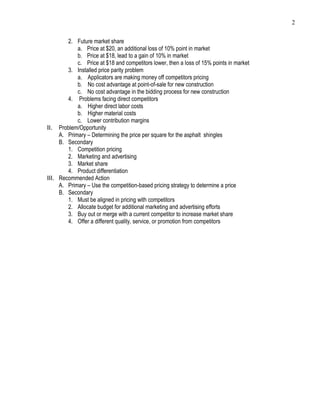 2
2. Future market share
a. Price at $20, an additional loss of 10% point in market
b. Price at $18, lead to a gain of 10% in market
c. Price at $18 and competitors lower, then a loss of 15% points in market
3. Installed price parity problem
a. Applicators are making money off competitors pricing
b. No cost advantage at point-of-sale for new construction
c. No cost advantage in the bidding process for new construction
4. Problems facing direct competitors
a. Higher direct labor costs
b. Higher material costs
c. Lower contribution margins
II. Problem/Opportunity
A. Primary – Determining the price per square for the asphalt shingles
B. Secondary
1. Competition pricing
2. Marketing and advertising
3. Market share
4. Product differentiation
III. Recommended Action
A. Primary – Use the competition-based pricing strategy to determine a price
B. Secondary
1. Must be aligned in pricing with competitors
2. Allocate budget for additional marketing and advertising efforts
3. Buy out or merge with a current competitor to increase market share
4. Offer a different quality, service, or promotion from competitors

 