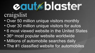 craigslist Over 50 million unique visitors monthly Over 30 million unique visitors for autos  6 most viewed website in the United States 36 th  most popular website worldwide Millions of automobile searches daily The #1 classified website for automobiles 
