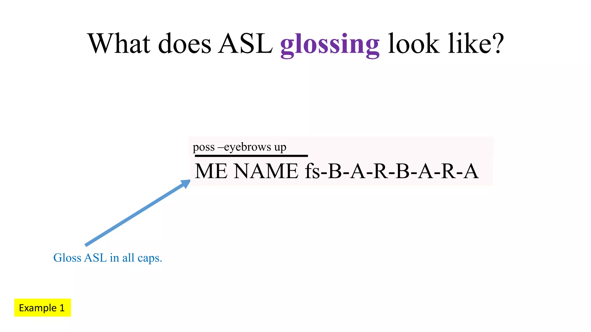 Glossing in ASL. What is it? Eight examples. PPT