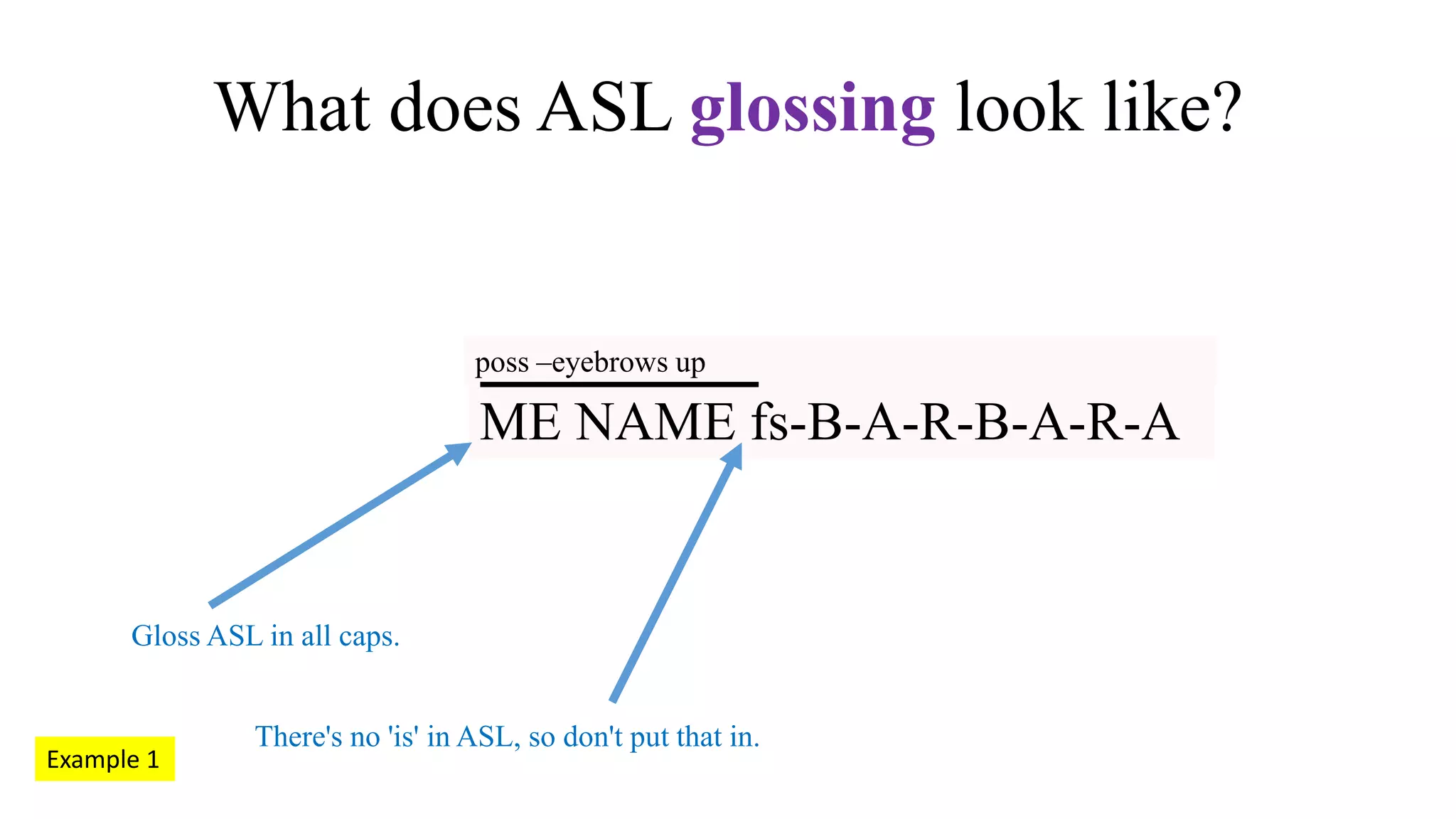 Glossing in ASL. What is it? Eight examples. | PPTX