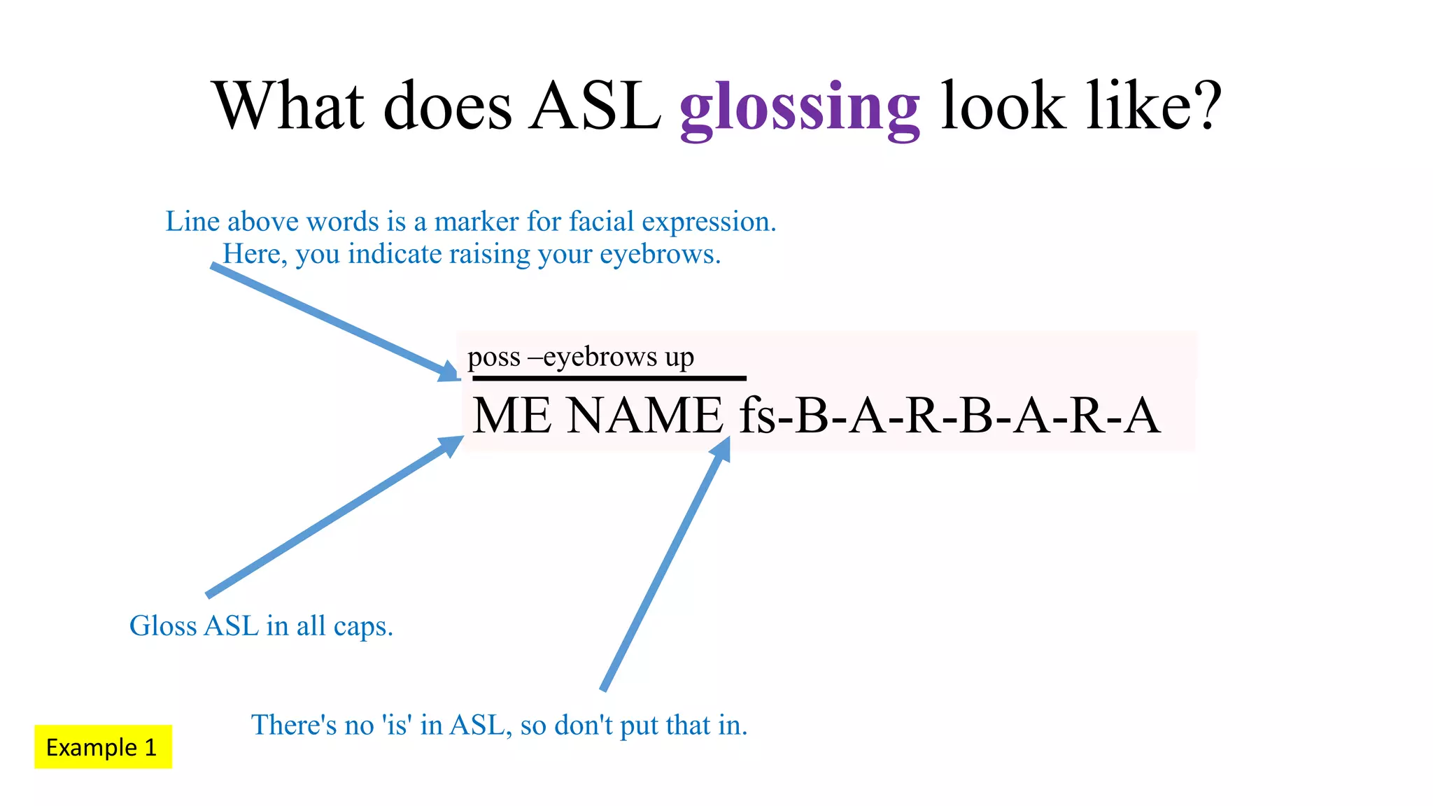 Gloss ASL in all caps.
Line above words is a marker for facial expression.
Here, you indicate raising your eyebrows.
There's no 'is' in ASL, so don't put that in.
What does ASL glossing look like?
poss –eyebrows up
ME NAME fs-B-A-R-B-A-R-A
Example 1
 