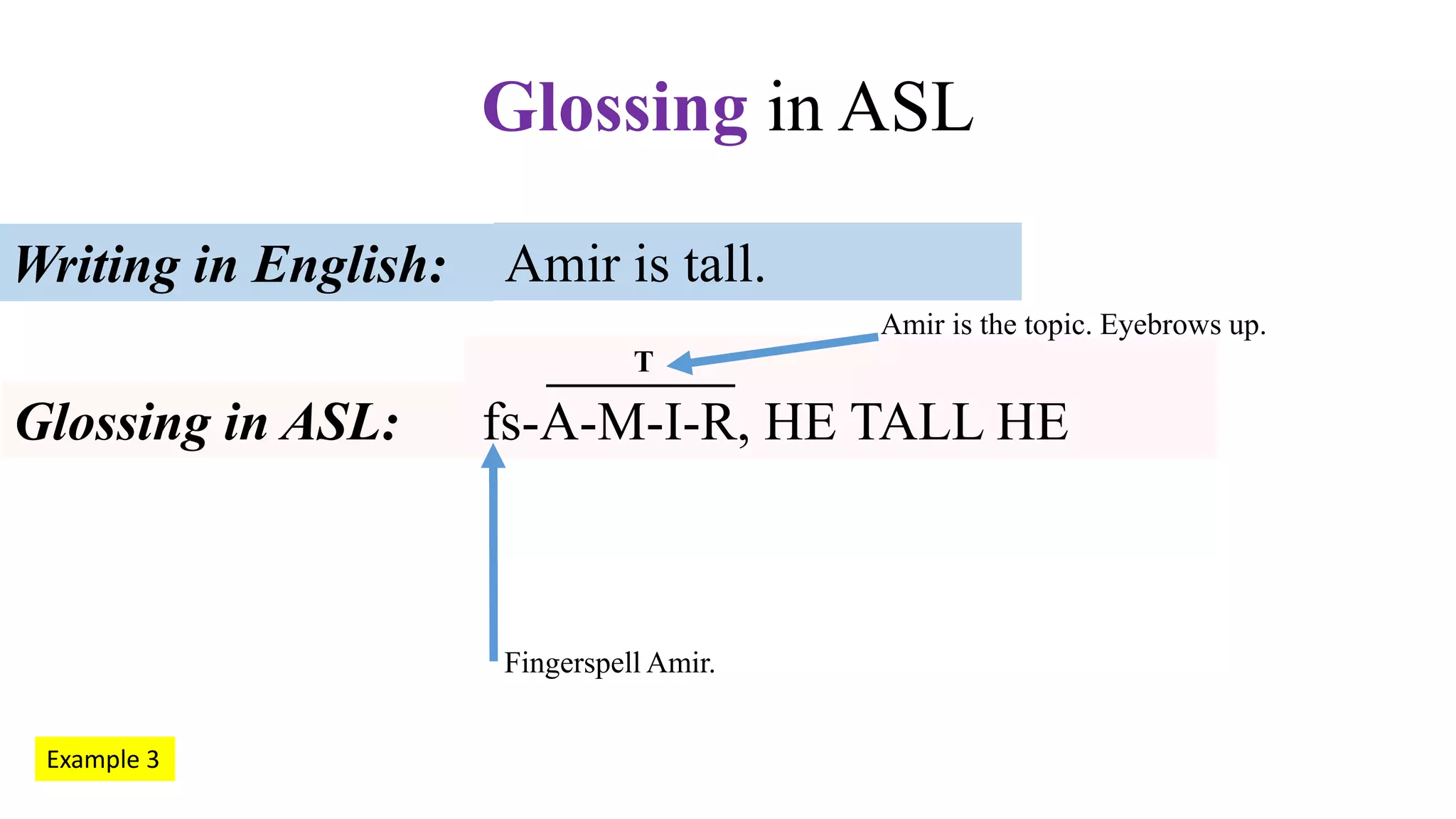Amir is tall.Writing in English:
Glossing in ASL: fs-A-M-I-R, HE TALL HE
T
Glossing in ASL
Amir is the topic. Eyebrows up.
Fingerspell Amir.
Example 3
 