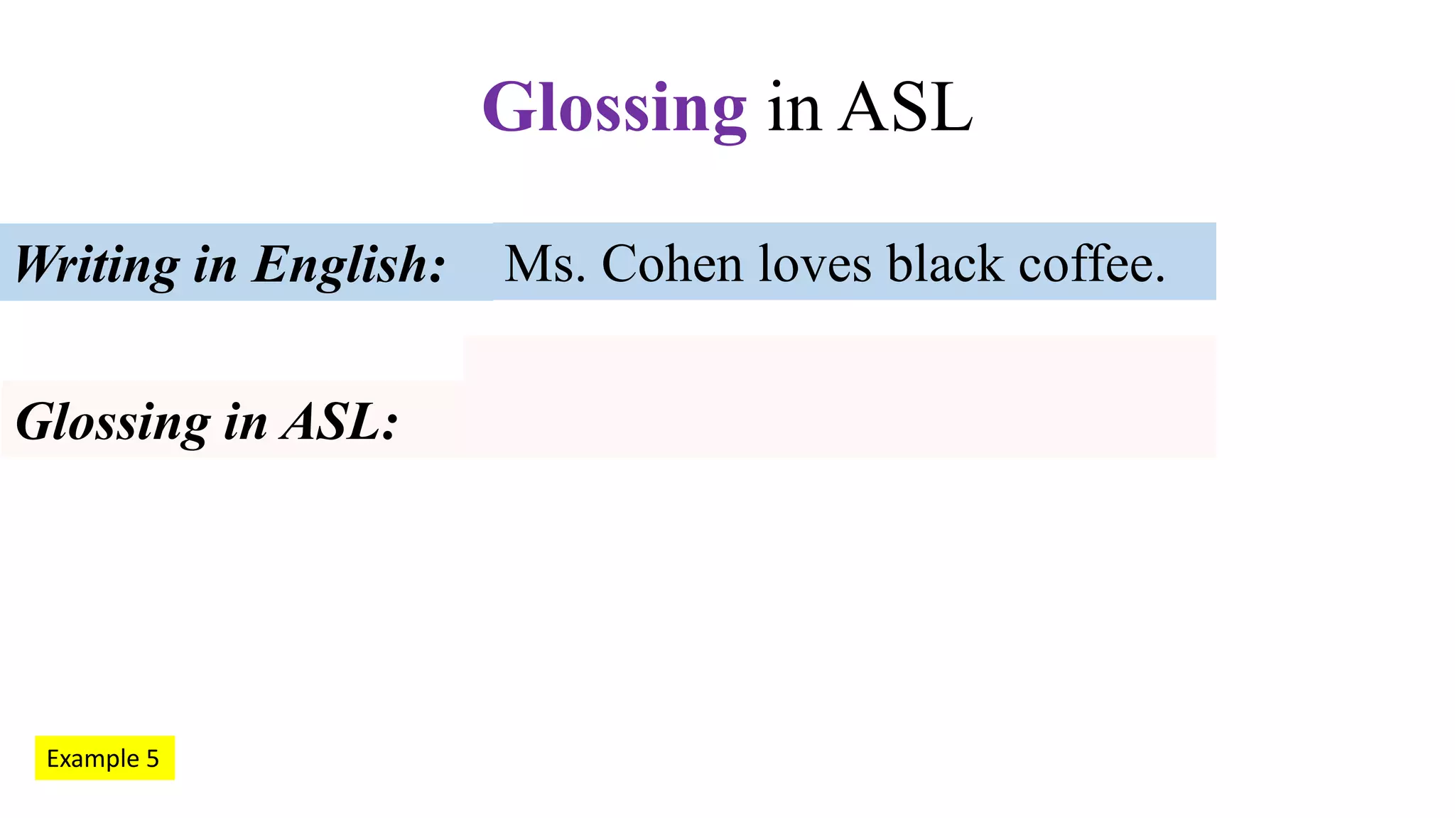 Ms. Cohen loves black coffee.Writing in English:
Glossing in ASL:
Glossing in ASL
Example 5
 