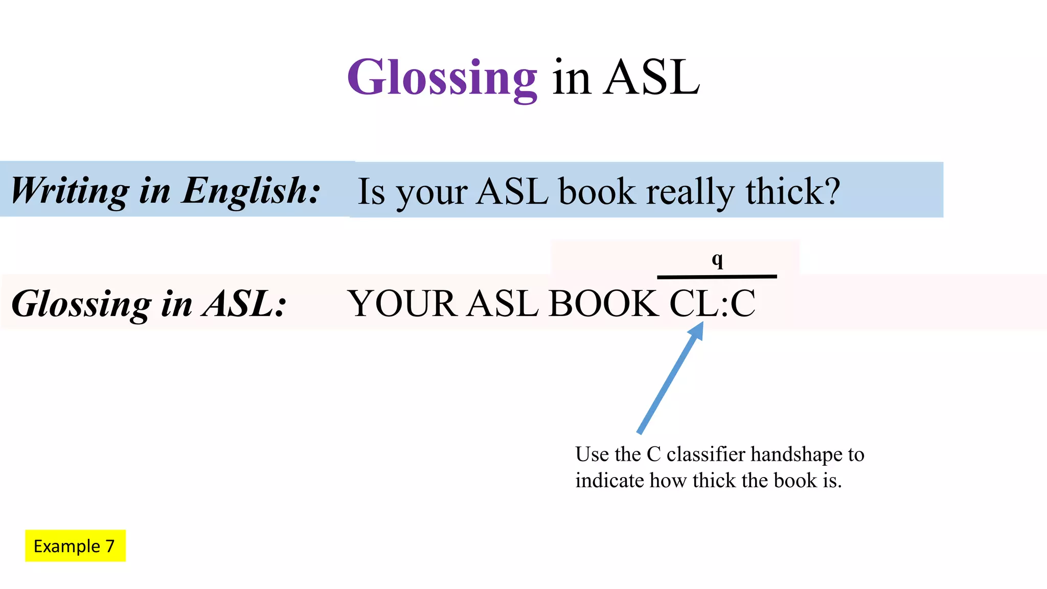 Is your ASL book really thick?Writing in English:
Glossing in ASL: YOUR ASL BOOK CL:C
Glossing in ASL
Example 7
q
Use the C classifier handshape to
indicate how thick the book is.
 