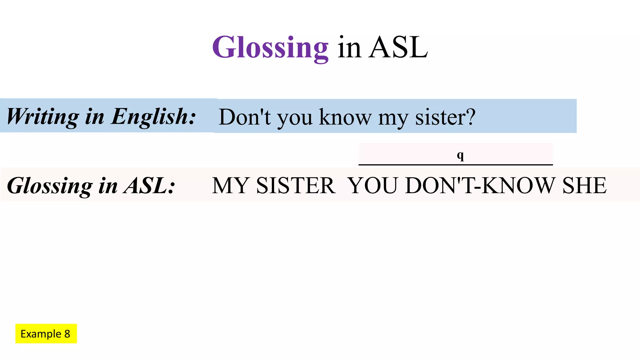 Don't you know my sister?Writing in English:
Glossing in ASL: MY SISTER YOU DON'T-KNOW SHE
Glossing in ASL
Example 8
q
 