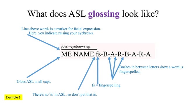 Glossing in ASL. What is it? Eight examples.