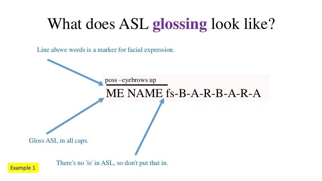 Glossing in ASL. What is it? Eight examples.