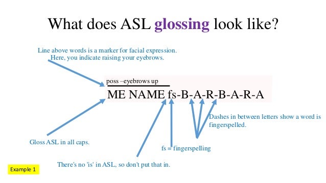Glossing in ASL. What is it? Eight examples.