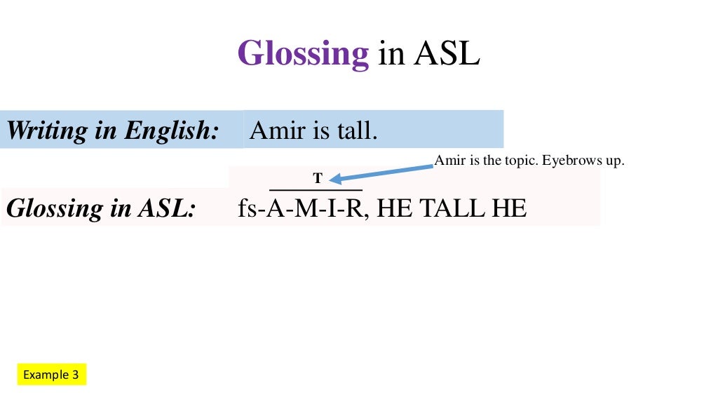 Glossing in ASL. What is it? Eight examples.