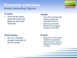 Economy overview
Some interesting figures
IT sector                   Textiles:
• Over the last seven       •   Over 80 % of these high
    years this sector has       quality products are
    grown by more than          exported to the EU
    100 times               •   Germany and Great
                                Britain are the biggest
                                investors in this field



Food industry:              Hi-Tech:
• 53 % of Lithuania         •   About 60 % of the world
  cheese is exported to         market for picosecond
  the US market                 and multicolour lasers is
                                designed and produced
                                in Vilnius
 