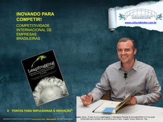 INOVANDO PARA
COMPETIR!

www.culturalbroker.com.br	
  

COMPETITIVIDADE
INTERNACIONAL DE
EMPRESAS
BRASILEIRAS

Ü 

PONTOS	
  PARA	
  IMPULSIONAR	
  À	
  INOVAÇÃO1	
  	
  

DESIGNED	
  BY	
  EXPEDITO	
  SILVA,	
  INSPIRED	
  BY	
  WWW.DUARTE.COM	
  ,	
  Steve Knight,	
  Normann Kastenbaum !

Soren., Ê autor do livro Leapfrogging e Managing Principal at InnovationPoint LLC nos quais
DESIGNED	
  BY	
  EXPEDITO	
  SILVA,	
  IconsultoriaY	
  WWW.DUARTE.COM	
  ,	
  Disney,Knight,	
  Normann Kastenbaum !
orienta start-ups e também da NSPIRED	
  B para a Cisco, Colgate, Steve Medtronic, Visa…

1Kaplan,

 