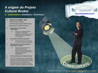 A origem do Projeto
Cultural Broker
Ü 

CONHECIMENTO	
  X	
  EXPERIÊNCIA	
  =	
  ESTRATÉGICO	
  

Ü 

Ü 

MOMENTO	
  #2:	
  2008	
  –	
  2012	
  
COMPETITIVIDADE	
  (FDC)	
  
INTERNACIONALIZAÇÃO	
  (USP)	
  PROJETC	
  
MANAGEMENT	
  (EAD	
  LIVERPOOL)	
  	
  
GOVERNANÇA	
  X	
  COMPETIVIDADE	
  
INTERNACIONAL	
  
Ü 

Ü 

Ü 

www.culturalbroker.com.br	
  

PERSPECTIVAS	
  ORGANIZACIONAL,	
  
CORPORATIVA,	
  GESTÃO	
  DE	
  
LIDERANÇAS	
  E	
  STAKEHOLDERS	
  PARA	
  O	
  
DESENVOLVIMENTO	
  DE	
  PROJETOS	
  
INTERNACIONAIS.	
  

ESTRATÉGIAS	
  DE	
  INTERNACIONALIZAÇÃO	
  
Ü 
DESENVOLVIMENTO	
  DE	
  ESTRATÉGIAS	
  
DE	
  COMPETITIVIDADE	
  INTERNACIONAL	
  
MELHORES	
  PRÁTICAS	
  INTERNACIONAIS	
  EM	
  
PLANEJAMENTO	
  E	
  GESTÃO	
  
Ü 

PLANEJAMENTO,	
  EXECUÇÃO	
  DE	
  
PROJETOS	
  COM	
  NÍVEL	
  DE	
  
COMPETITIVIDADE	
  INTERNACIONAL,	
  
GESTÃO	
  DO	
  NEGÓCIO	
  &	
  PESSOAS	
  EM	
  
MERCADOS	
  NACIONAIS	
  E	
  
ESTRANGEIROS	
  

Ü 

ESTRATÉGIA	
  NACIONAL	
  DE	
  COMPETITIVIDADE	
  

Ü 

PARTICIPAÇÃO	
  NO	
  GRUPO	
  DE	
  TRABALHO	
  SOBRE	
  
ESTRATÉGIA	
  DE	
  INTERNACIONALIZAÇÃO	
  DO	
  MIN.	
  
COMÉRCIO	
  EXTERIOR.	
  ENTREVISTAS	
  COM	
  COM	
  A	
  
DIRETORIA	
  DOS	
  BIG	
  PLAYERS	
  NACIONAIS	
  	
  JÁ	
  
INTERNACIONALIZADOS:	
  ODEBRECHT,	
  GERDAU,	
  
EMBRAER,	
  MARCOPOLO,	
  MARFRIG,	
  JBS-­‐FRIBOI.	
  

DESIGNED	
  BY	
  EXPEDITO	
  SILVA,	
  INSPIRED	
  BY	
  WWW.DUARTE.COM	
  ,	
  Steve Knight,	
  Normann Kastenbaum !

 