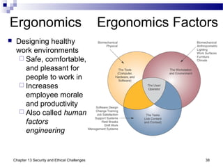 Ergonomics
 Designing healthy
work environments
 Safe, comfortable,
and pleasant for
people to work in
 Increases
employee morale
and productivity
 Also called human
factors
engineering
38Chapter 13 Security and Ethical Challenges
Ergonomics Factors
 