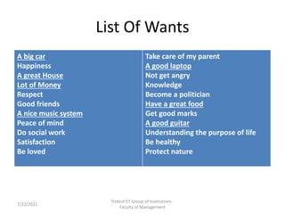List Of Wants
A big car
Happiness
A great House
Lot of Money
Respect
Good friends
A nice music system
Peace of mind
Do social work
Satisfaction
Be loved
Take care of my parent
A good laptop
Not get angry
Knowledge
Become a politician
Have a great food
Get good marks
A good guitar
Understanding the purpose of life
Be healthy
Protect nature
7/22/2021
Trident ET Group of Institutions -
Faculty of Management
 