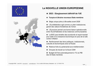 La NOUVELLE UNION EUROPEENNE
u  2023 : Elargissement définitif de l’UE
u  Turquie et Ukraine nouveaux Etats membres
u  Siège unique prévu à Bruxelles avant 2028
u  L’Eurofédération agit comme un pilier institutionnel,
garant des valeurs fondatrices de l’Union
u  L’Eurozone permet une bonne liaison opérationnelle
entre l’EuroFédération et les instances communautaires
u  La BCE peut émettre des eurobonds et reçoit mandat
pour aider à la croissance économique en plus de la lutte
contre l’inflation
u  Renforcement des liens politiques, institutionnels,
culturels et économiques avec la Russie
u  Relance forte du partenariat euro-méditerranéen
u  Groupes de travail sur la future CEM
u  Budget UE fixé automatiquement à 1% du PIB
des 33 Etats membres
© copyright PSDE – June 2013 – www.psde.fr - contact@psde.fr - 19, av. du Mail 1205 Geneva, Switzerland – tel: + 41 78 670 7778
12/34
 