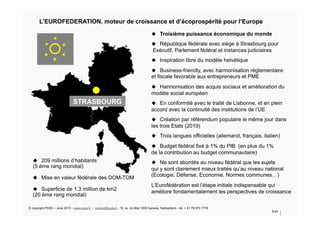 L’EUROFEDERATION, moteur de croissance et d’écoprospérité pour l’Europe
u  Troisième puissance économique du monde
u  République fédérale avec siège à Strasbourg pour
Exécutif, Parlement fédéral et instances judiciaires
u  Inspiration libre du modèle helvétique
u  Business-friendly, avec harmonisation réglementaire
et fiscale favorable aux entrepreneurs et PME
u  Harmonisation des acquis sociaux et amélioration du
modèle social européen
u  En conformité avec le traité de Lisbonne, et en plein
accord avec la continuité des institutions de l’UE
u  Création par référendum populaire le même jour dans
les trois Etats (2019)
u  Trois langues officielles (allemand, français, italien)
u  Budget fédéral fixé à 1% du PIB (en plus du 1%
de la contribution au budget communautaire)
u  Ne sont abordés au niveau fédéral que les sujets
qui y sont clairement mieux traités qu’au niveau national
(Ecologie, Défense, Economie, Normes communes…)
L’Eurofédération est l’étape initiale indispensable qui
améliore fondamentalement les perspectives de croissance
u  209 millions d’habitants
(5 ème rang mondial)
u  Mise en valeur fédérale des DOM-TOM
u  Superficie de 1.3 million de km2
(20 ème rang mondial)
STRASBOURG
© copyright PSDE – June 2013 – www.psde.fr - contact@psde.fr - 19, av. du Mail 1205 Geneva, Switzerland – tel: + 41 78 670 7778
5/34
 