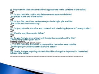 11. Do you think the name of the film is appropriate to the contents of the trailer? Yes No 12. Do you think the credits and dates were necessary and should be placed at the end of the trailer? Yes No 13. Do you feel the actors names were put in the right place within  the trailer and were necessary? Yes No 14. Do you think the storyline was conventional to existing Romantic Comedy trailers? Yes No 15. Was the storyline easy to follow? Yes No 16. Do you feel you were shown just the right amount about the film? There was too little given away It was just right There was too much given away 17. Do you think the edited red screens within the trailer were suitable and helped you understand the storyline better? Yes No 18. Finally, is there anything you feel should be changed or improved in the trailer? (please state below) ---------------------------------------------------------------------------------------------------- 
