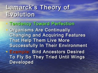Lamarck’s Theory ofLamarck’s Theory of
EvolutionEvolution
• Tendency Toward PerfectionTendency Toward Perfection
• Organisms Are ContinuallyOrganisms Are Continually
Changing and Acquiring FeaturesChanging and Acquiring Features
That Help Them Live MoreThat Help Them Live More
Successfully In Their EnvironmentSuccessfully In Their Environment
• Example:Example: Bird Ancestors DesiredBird Ancestors Desired
To Fly So They Tried Until WingsTo Fly So They Tried Until Wings
DevelopedDeveloped
 