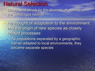 • Darwin was struck by the diversity of animals onDarwin was struck by the diversity of animals on
the Galápagos Islandsthe Galápagos Islands
Natural SelectionNatural Selection
• He thought of adaptation to the environmentHe thought of adaptation to the environment
and the origin of new species as closelyand the origin of new species as closely
related processesrelated processes
– As populations separated by a geographicAs populations separated by a geographic
barrier adapted to local environments, theybarrier adapted to local environments, they
became separate speciesbecame separate species
 