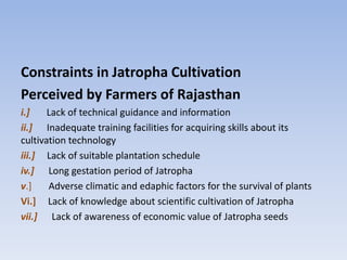 Constraints in Jatropha Cultivation
Perceived by Farmers of Rajasthan
i.] Lack of technical guidance and information
ii.] Inadequate training facilities for acquiring skills about its
cultivation technology
iii.] Lack of suitable plantation schedule
iv.] Long gestation period of Jatropha
v.] Adverse climatic and edaphic factors for the survival of plants
Vi.] Lack of knowledge about scientific cultivation of Jatropha
vii.] Lack of awareness of economic value of Jatropha seeds
 