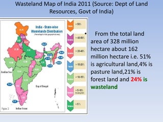 Wasteland Map of India 2011 (Source: Dept of Land
Resources, Govt of India)
• From the total land
area of 328 million
hectare about 162
million hectare i.e. 51%
is agricultural land,4% is
pasture land,21% is
forest land and 24% is
wasteland
 