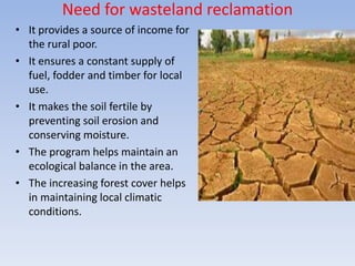Need for wasteland reclamation
• It provides a source of income for
the rural poor.
• It ensures a constant supply of
fuel, fodder and timber for local
use.
• It makes the soil fertile by
preventing soil erosion and
conserving moisture.
• The program helps maintain an
ecological balance in the area.
• The increasing forest cover helps
in maintaining local climatic
conditions.
 