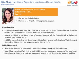 • She was born in Goiânia/GO.
• She is seen as defender of the agribusiness sector.
Professional Life
• Graduated in Psych...