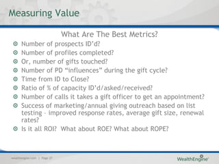 Measuring Value

                             What Are The Best Metrics?
      Number of prospects ID’d?
      Number of profiles completed?
      Or, number of gifts touched?
      Number of PD “influences” during the gift cycle?
      Time from ID to Close?
      Ratio of % of capacity ID’d/asked/received?
      Number of calls it takes a gift officer to get an appointment?
      Success of marketing/annual giving outreach based on list
      testing – improved response rates, average gift size, renewal
      rates?
      Is it all ROI? What about ROE? What about ROPE?



wealthengine.com | Page 27
 