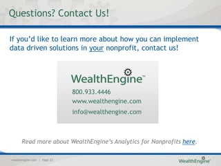 Questions? Contact Us!

If you’d like to learn more about how you can implement
data driven solutions in your nonprofit, contact us!




                             800.933.4446
                             www.wealthengine.com
                             info@wealthengine.com



      Read more about WealthEngine’s Analytics for Nonprofits here.

wealthengine.com | Page 33
 