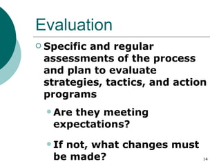 Evaluation Specific and regular assessments of the process and plan to evaluate strategies, tactics, and action programs Are they meeting expectations? If not, what changes must be made? 