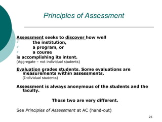 Principles of Assessment Assessment  seeks to  discover  how well the institution,  a program, or  a course  is accomplishing its intent.  (Aggregate – not individual students) Evaluation  grades students. Some evaluations are measurements within assessments. (Individual students) Assessment is always anonymous of the students and the faculty. Those two are very different.  See  Principles of Assessment  at AC (hand-out) 