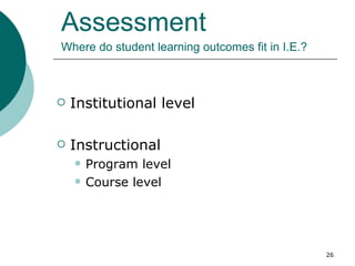   Assessment   Where do student learning outcomes fit in I.E.? Institutional level Instructional Program level Course level 