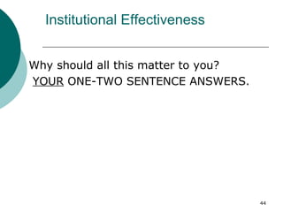 Institutional Effectiveness Why should all this matter to you? YOUR  ONE-TWO SENTENCE ANSWERS. 