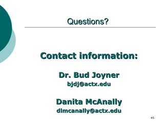   Contact information: Dr. Bud Joyner [email_address] Danita McAnally [email_address] Questions?  