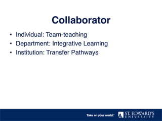 Collaborator!
•  Individual: Team-teaching!
•  Department: Integrative Learning!
•  Institution: Transfer Pathways!
 