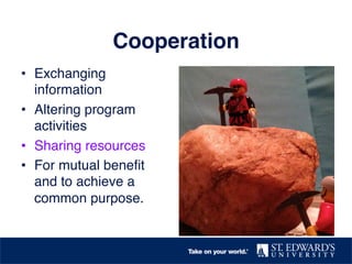 Cooperation !
•  Exchanging
information!
•  Altering program
activities !
•  Sharing resources!
•  For mutual beneﬁt
and to achieve a
common purpose.!
 