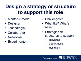 •  Mentor & Model!
•  Designer!
•  Technologist!
•  Collaborator!
•  Networker !
•  Experimenter!
•  Challenges?!
•  What ﬁts? What’s
new?!
•  Strategies or
structures to support!
–  Individual!
–  Department!
–  Institution!
Design a strategy or structure
to support this role!
 