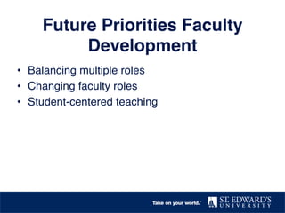 Future Priorities Faculty
Development!
•  Balancing multiple roles!
•  Changing faculty roles!
•  Student-centered teaching!
 