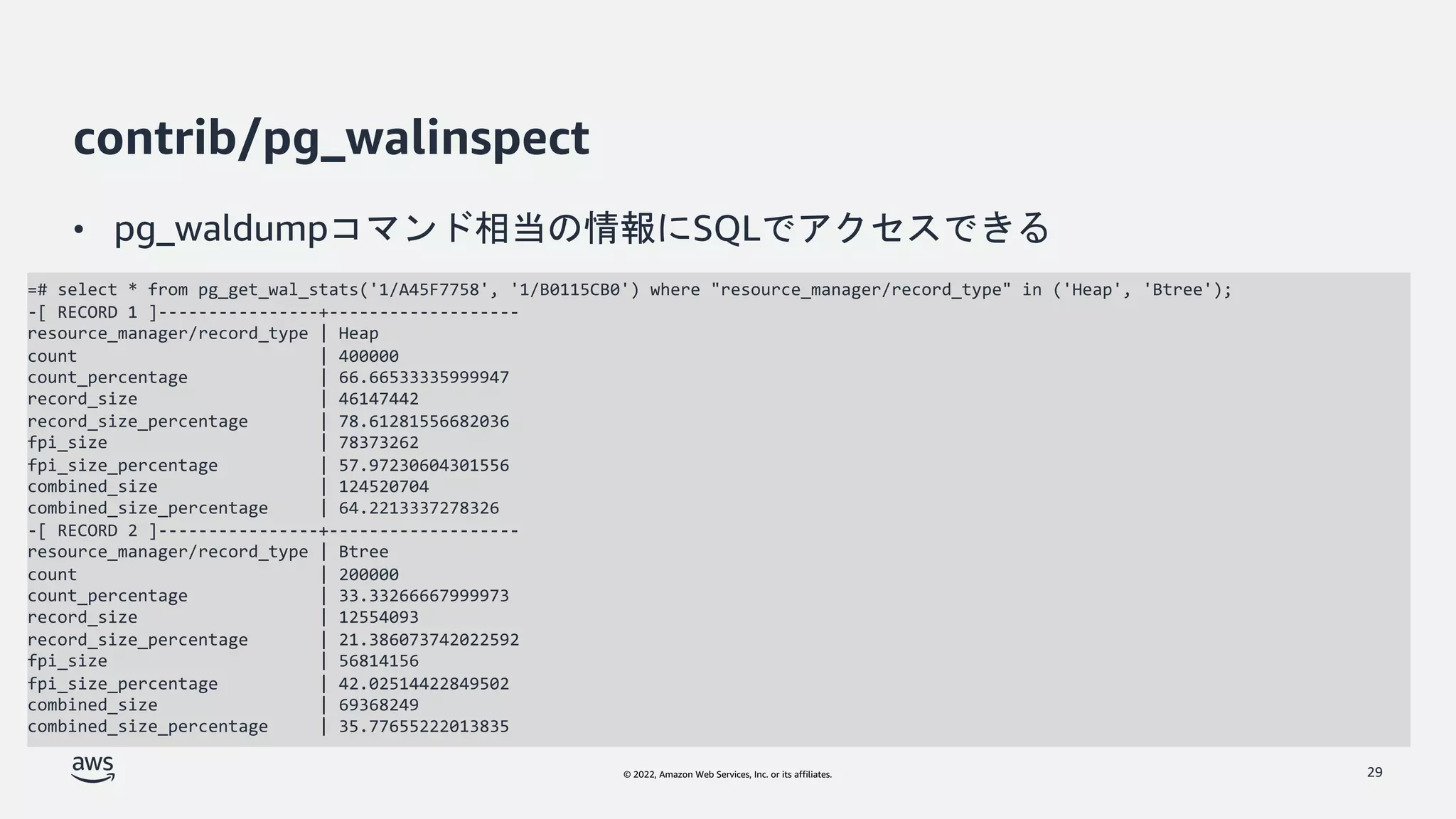 © 2022, Amazon Web Services, Inc. or its affiliates.
contrib/pg_walinspect
• pg_waldumpコマンド相当の情報にSQLでアクセスできる
29
=# select * from pg_get_wal_stats('1/A45F7758', '1/B0115CB0') where "resource_manager/record_type" in ('Heap', 'Btree');
-[ RECORD 1 ]----------------+-------------------
resource_manager/record_type | Heap
count | 400000
count_percentage | 66.66533335999947
record_size | 46147442
record_size_percentage | 78.61281556682036
fpi_size | 78373262
fpi_size_percentage | 57.97230604301556
combined_size | 124520704
combined_size_percentage | 64.2213337278326
-[ RECORD 2 ]----------------+-------------------
resource_manager/record_type | Btree
count | 200000
count_percentage | 33.33266667999973
record_size | 12554093
record_size_percentage | 21.386073742022592
fpi_size | 56814156
fpi_size_percentage | 42.02514422849502
combined_size | 69368249
combined_size_percentage | 35.77655222013835
 