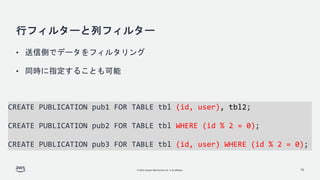 © 2022, Amazon Web Services, Inc. or its affiliates.
行フィルターと列フィルター
CREATE PUBLICATION pub1 FOR TABLE tbl (id, user), tbl2;
CREATE PUBLICATION pub2 FOR TABLE tbl WHERE (id % 2 = 0);
CREATE PUBLICATION pub3 FOR TABLE tbl (id, user) WHERE (id % 2 = 0);
16
• 送信側でデータをフィルタリング
• 同時に指定することも可能
 